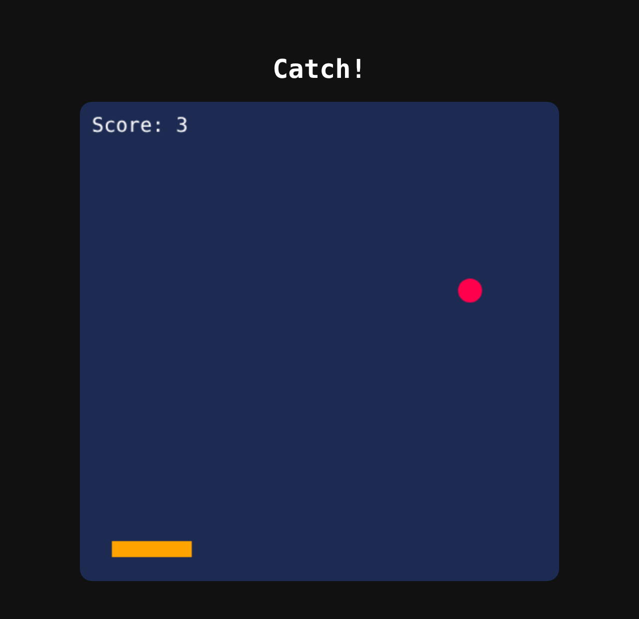 The finished game: an orange paddle at the bottom, a red apple falling, Score: 3 in the corner.