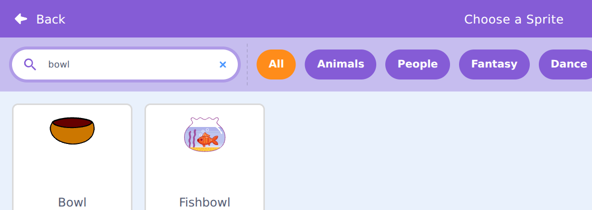 The Choose a Sprite library, searched for bowl, showing Bowl and Fishbowl.