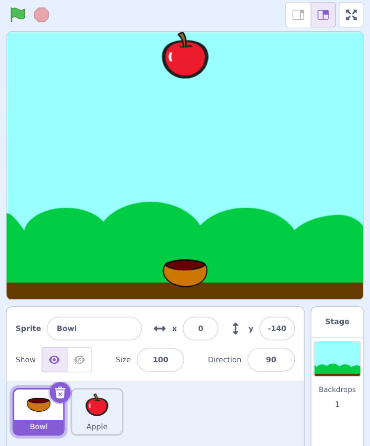 The stage with the apple at the top and the bowl at the bottom, and Bowl and Apple in the sprites list.