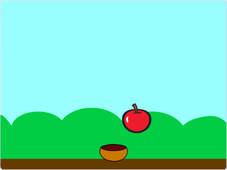 The apple falling on the left side of the stage.