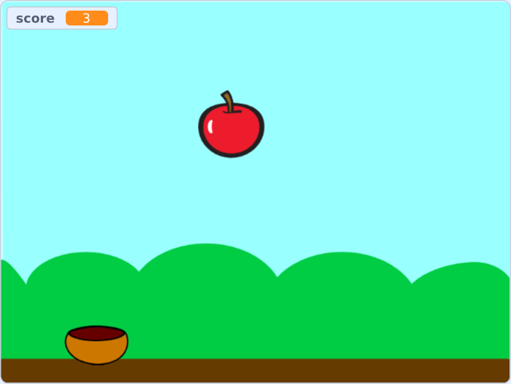 The finished game: a blue sky, green hills, a bowl at the bottom, an apple falling and a score of 3.